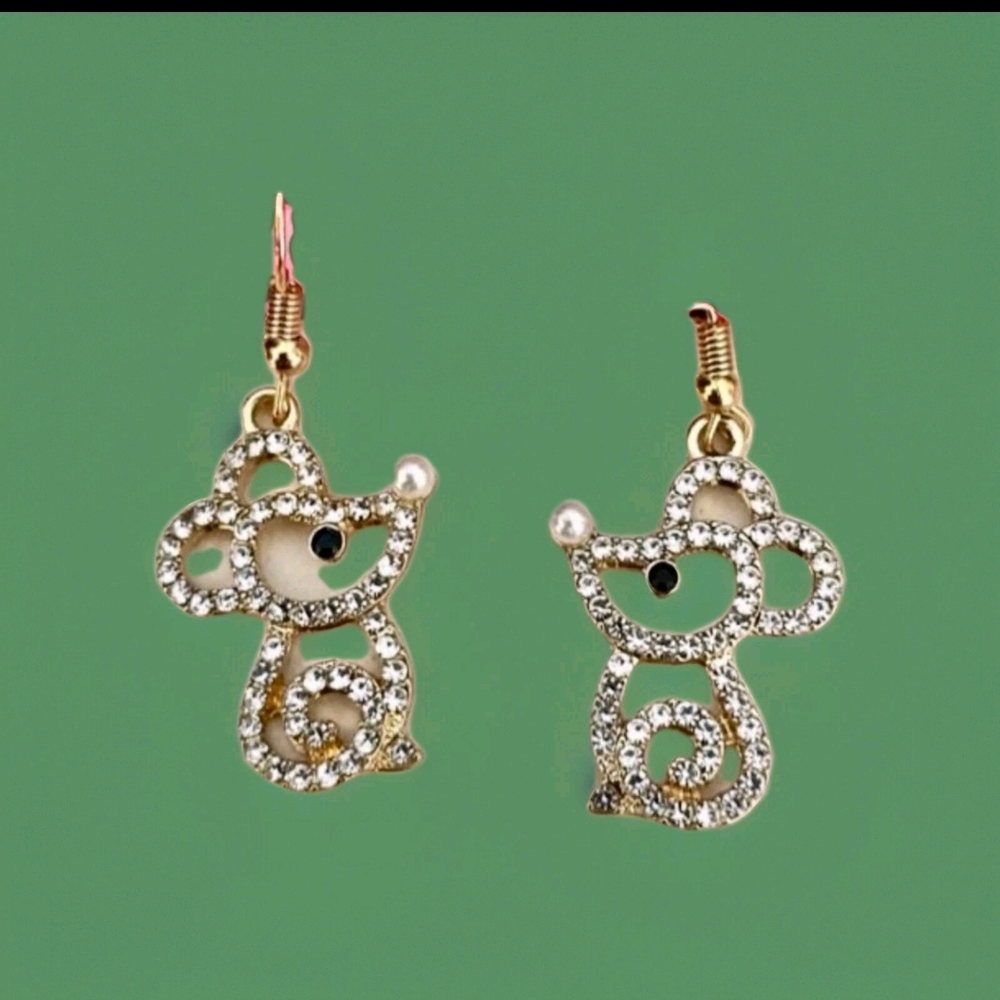 Betsey Johnson Gold Tone Rhinestone Mouse with Pearl Nose Earrings